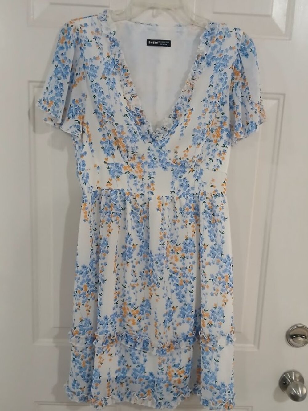 Womens Shein White Blue Floral Ruffle Dress